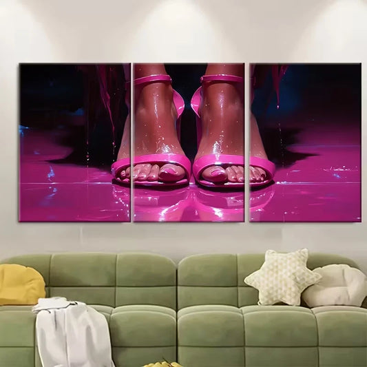 3pcs Chic Woman in Pink Heeled Sandals Metal Print Ready to Hang Art