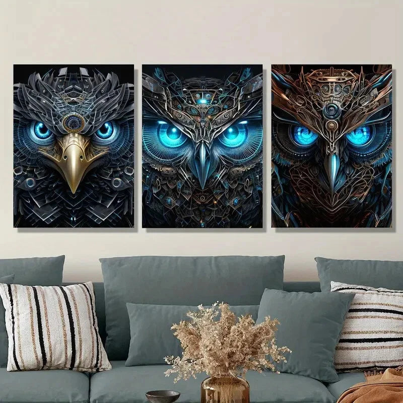 3pcs Abstract Retro Owl, Mechanical Metal Print Ready to Hang Art
