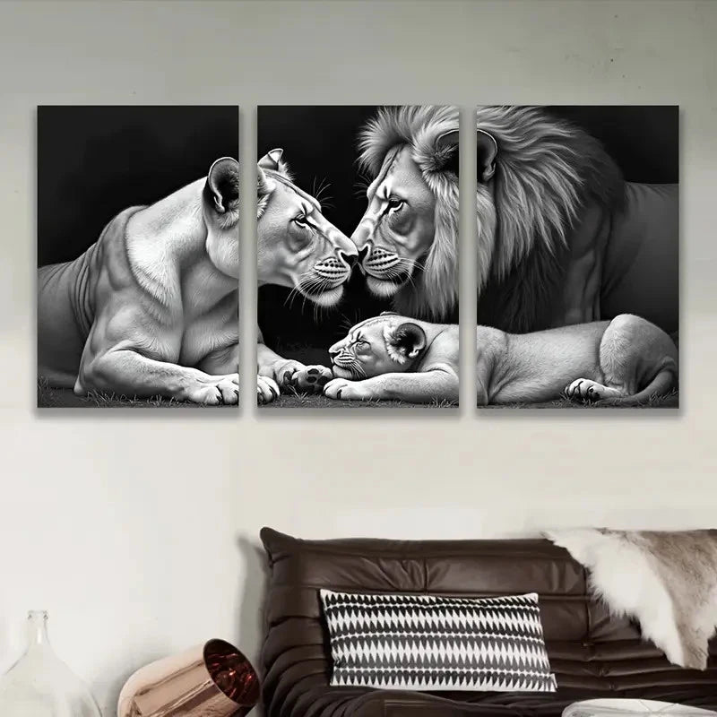 3pcs Black And White Lion Family Wall Art Set Canvas Framed 60x90cm - High Quality Print 100% Australian Made Wall Canvas Ready to Hang