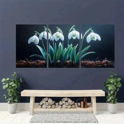 3pcs Elegant White Snowdrops with Green Leaves Metal Print Ready to Hang Art