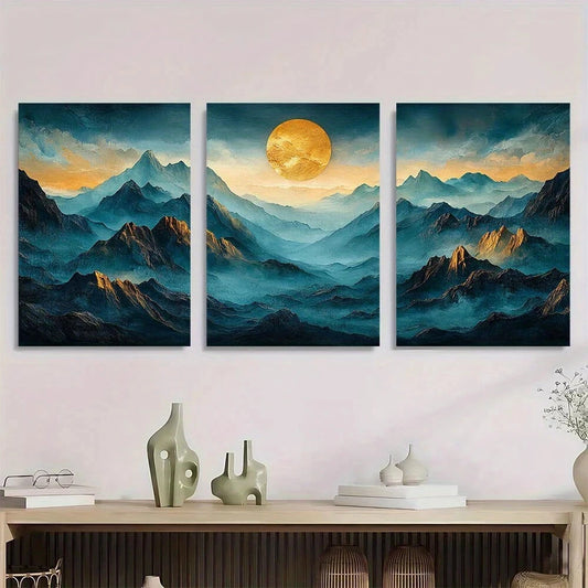 3pcs Abstract Mountain and Sunset Scenery Metal Print Ready to Hang Art