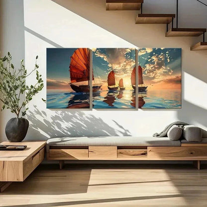 3pcs Sailing Ships Sunset Sky Calm Ocean Wall Art Set Canvas Framed 40x60cm - High Quality Print 100% Australian Made Wall Canvas Ready to Hang