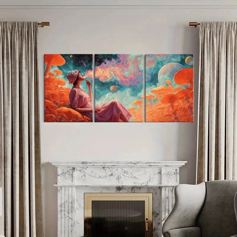 3pcs Cosmic Woman Dreaming Among Mushrooms Metal Print Ready to Hang Art