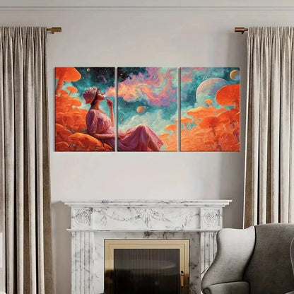 3pcs Cosmic Woman Dreaming Among Mushrooms Metal Print Ready to Hang Art