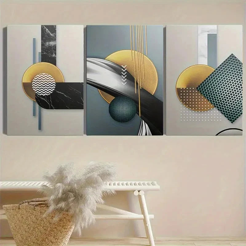 3pcs Abstract Stylish Golden Geometric Metal Print Ready to Hang Art