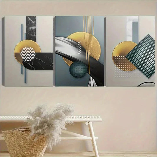 3pcs Abstract Stylish Golden Geometric Metal Print Ready to Hang Art