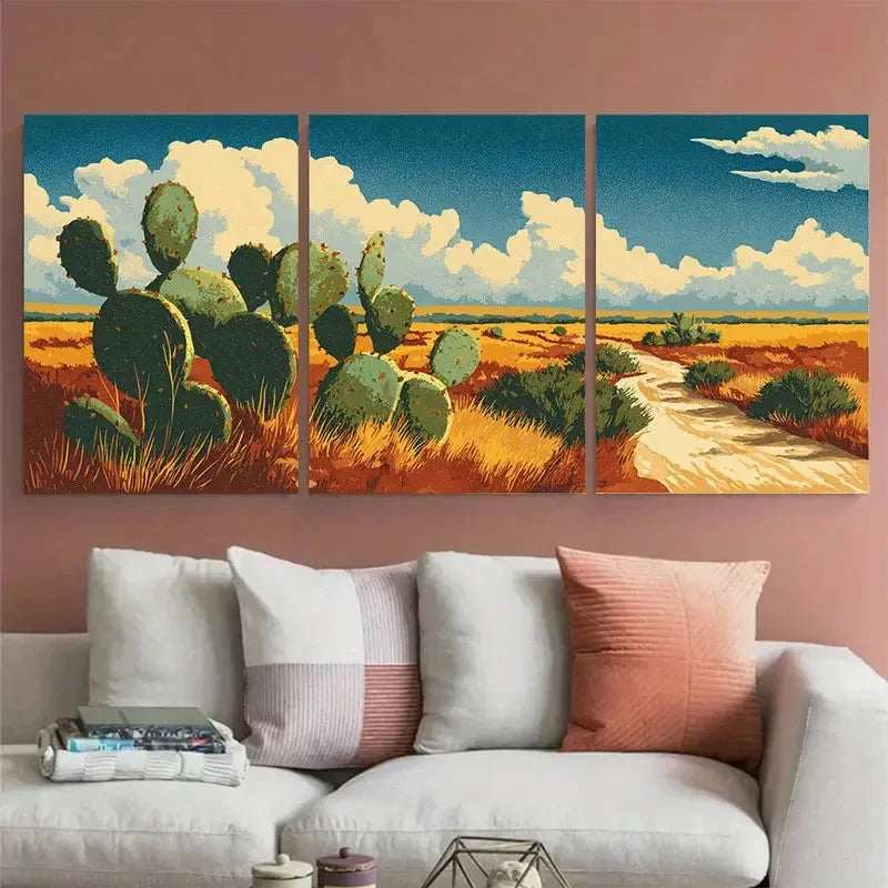 3pcs Texas Travel Cacti illustration Wall Art Set Canvas Framed 40x60cm - High Quality Print 100% Australian Made Wall Canvas Ready to Hang
