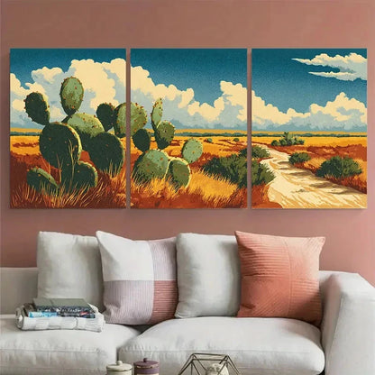 3pcs Texas Travel Cacti illustration Wall Art Set Canvas Framed 40x60cm - High Quality Print 100% Australian Made Wall Canvas Ready to Hang