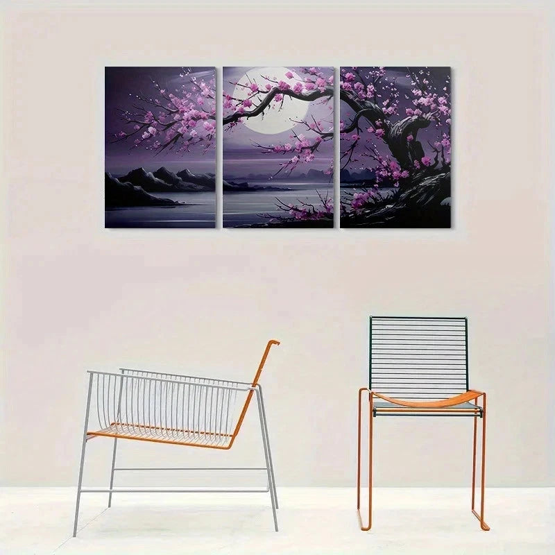 3pcs Cherry Blossom Moonlit Vibrant Pink Metal Print Ready to Hang Art