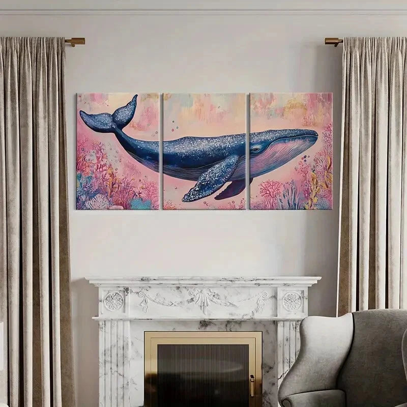 3pcs Whale Art Ocean Life Abstract Painting Metal Print Ready to Hang Art
