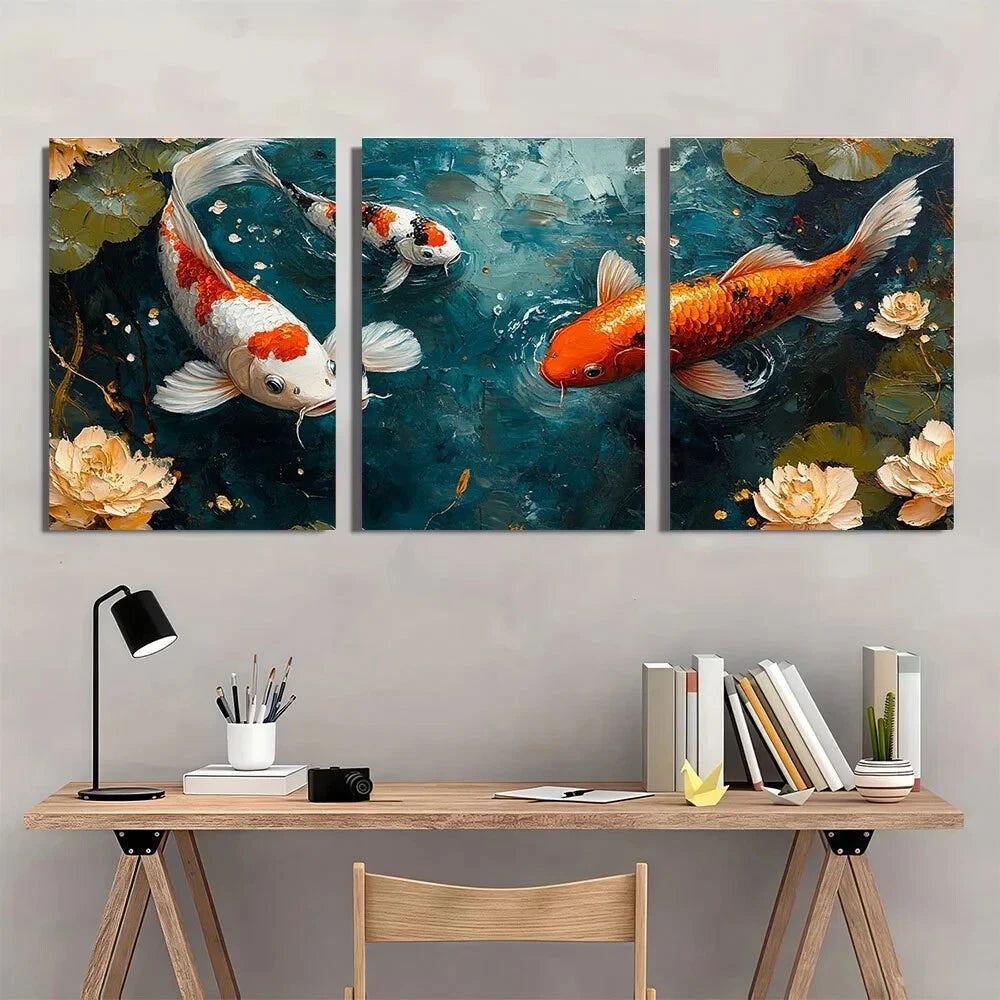 3pcs Koi Fish Painting Pond Abstract Metal Print Ready to Hang Art