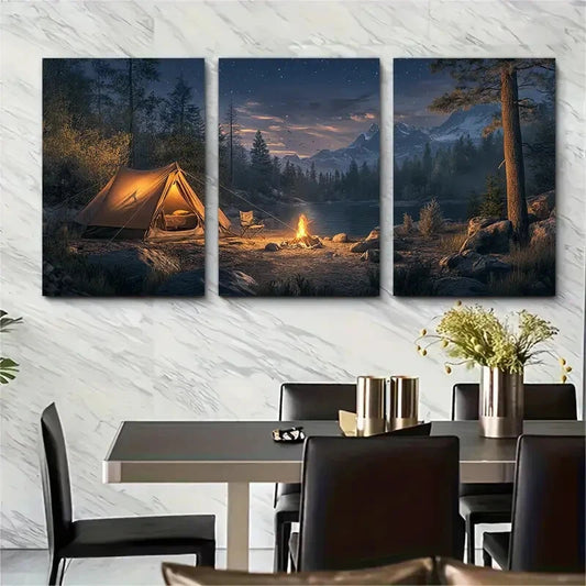3pcs Fire And Mountain Scenery Vintage Metal Print Ready to Hang Art