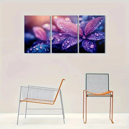3pcs Purple Leaf with Dewdrops Metal Print Ready to Hang Art