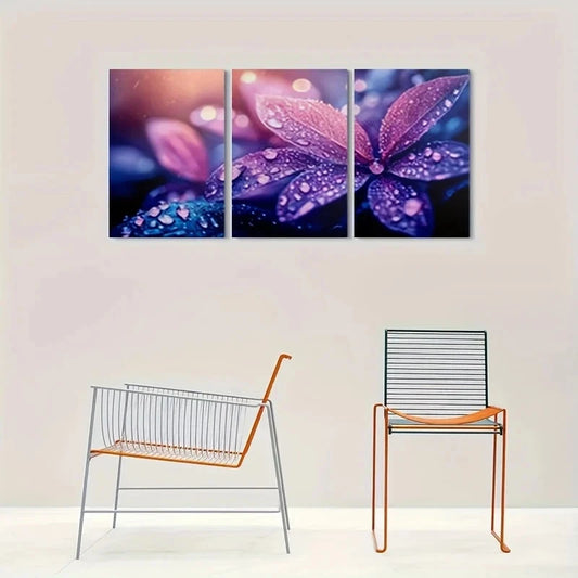 3pcs Purple Leaf with Dewdrops Metal Print Ready to Hang Art