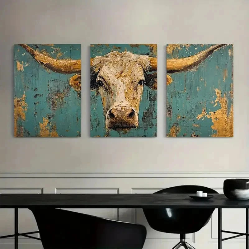 3pcs Distressed Painting of Longhorn Cow Metal Print Ready to Hang Art