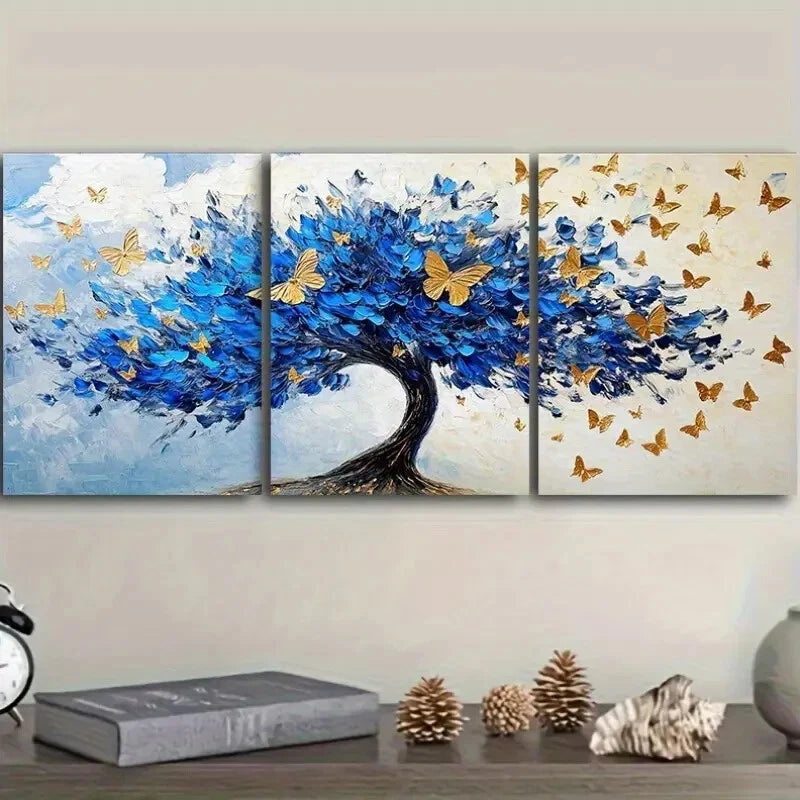 3pcs Abstract Blue Tree with Golden Leaves Metal Print Ready to Hang Art
