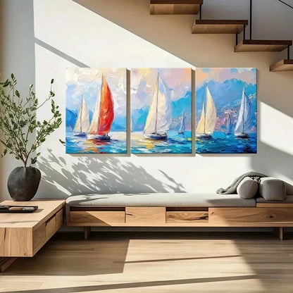 3pcs Sailing Boats Ocean Waves Blue Sky Metal Print Ready to Hang Art