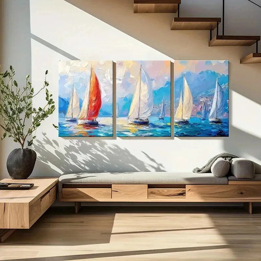 3pcs Sailing Boats Ocean Waves Blue Sky Metal Print Ready to Hang Art