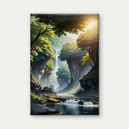 Sunlit Waterfall Glade Painting 60x90cm Metal Print Ready to Hang