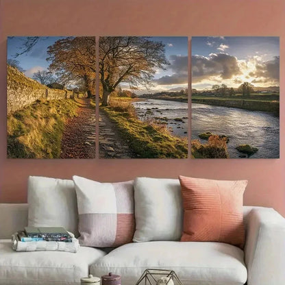 3pcs River Tweed Print with Lone Tree & Stone Metal Print Ready to Hang Art