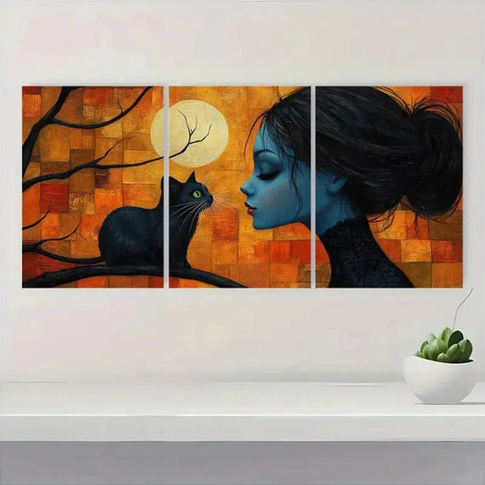 3pcs Whimsical Ladies and Cats Metal Print Ready to Hang Art