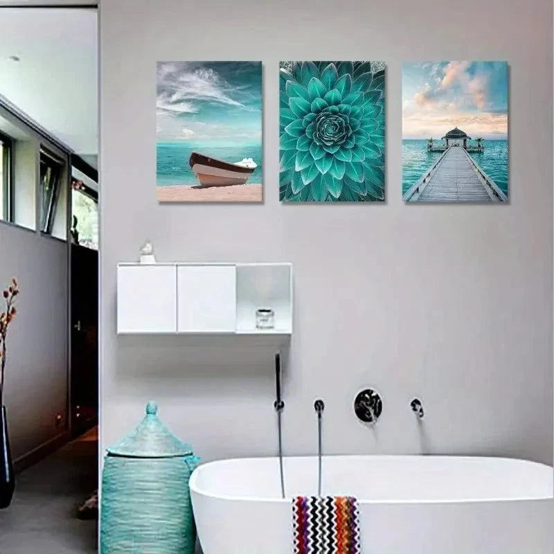 3pcs Painting with Teal Floral Boat Pier Metal Print Ready to Hang Art