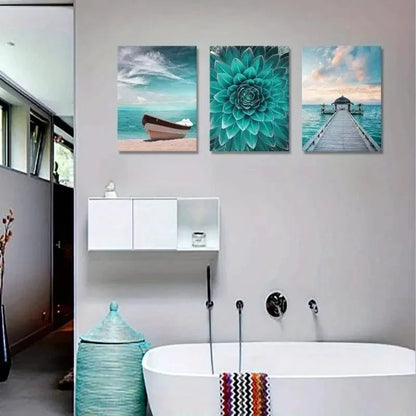 3pcs Painting with Teal Floral Boat Pier Metal Print Ready to Hang Art