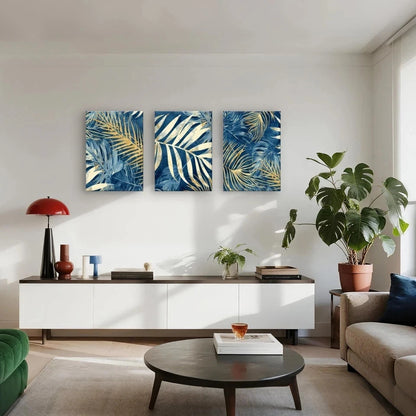3pcs Modern Abstract Blue and Gold Palm Leaves Wall Art Set Canvas Framed 40x60cm - High Quality Print 100% Australian Made Wall Canvas Ready to Hang