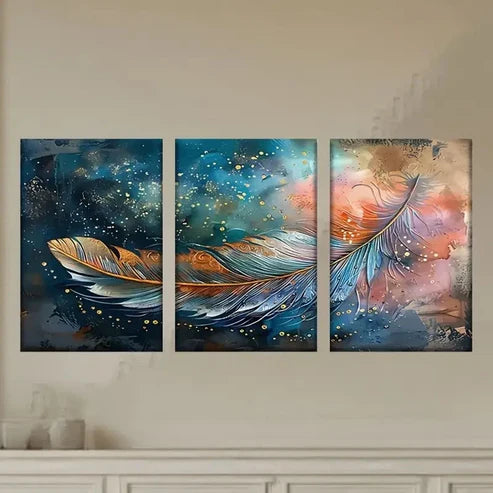 3pcs Painting of a Feather on a Blue Wall Art Set Canvas Unframed - High Quality Print 100% Australian Made Wall Canvas