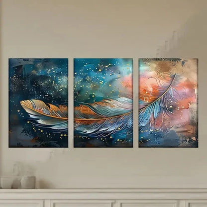 3pcs Painting of a Feather on a Blue Wall Art Set Canvas Unframed - High Quality Print 100% Australian Made Wall Canvas