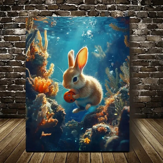 Mystical Fantasy Scene of Rabbit Playing Painting  40x60cm Metal Print Ready to Hang