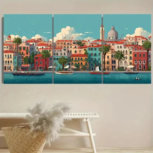 3pcs Venice Travel, Vibrant Italian Cityscape Wall Art Canvas Unframed - High Quality Print 100% Australian Made Wall Canvas