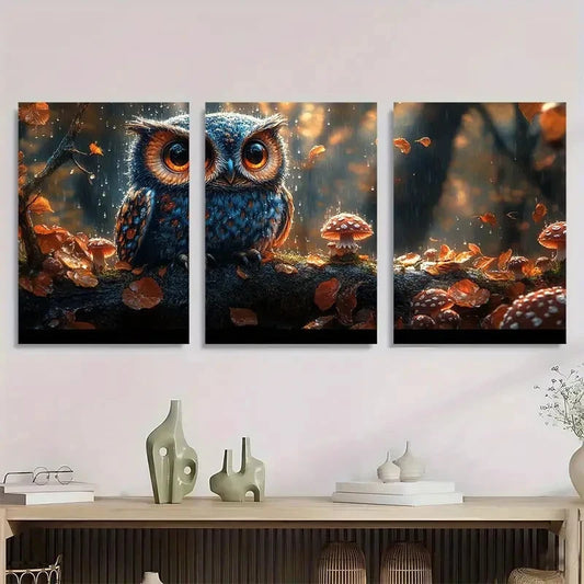 3pcs Whimsical Owl Forest Scene with Mushrooms Metal Print Ready to Hang Art
