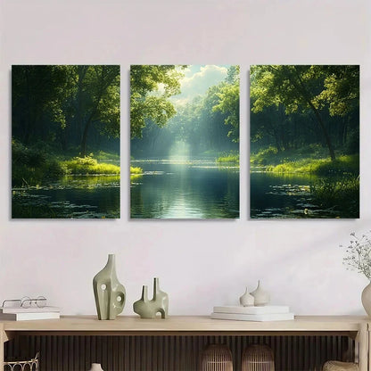3pcs Riverside Scene with Lush Greenery Metal Print Ready to Hang Art