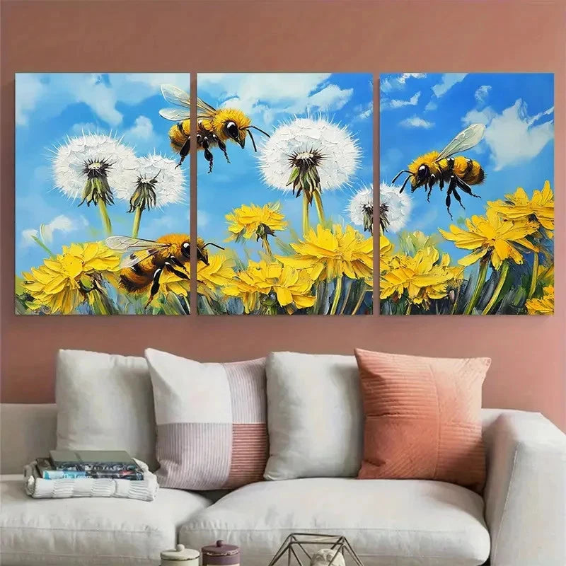 3pcs Vibrant Dandelion Flowers Honeybee Design Metal Print Ready to Hang Art