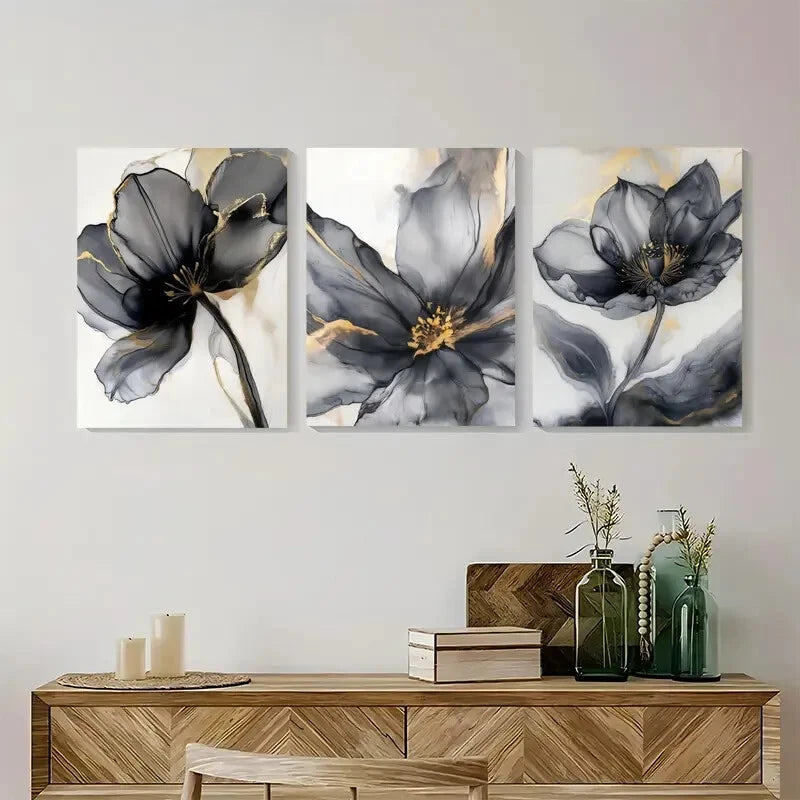 3pcs Luxury FloralBlack And Golden Abstract Flower Metal Print Ready to Hang Art