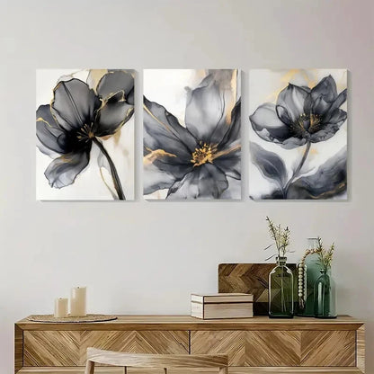 3pcs Luxury FloralBlack And Golden Abstract Flower Metal Print Ready to Hang Art