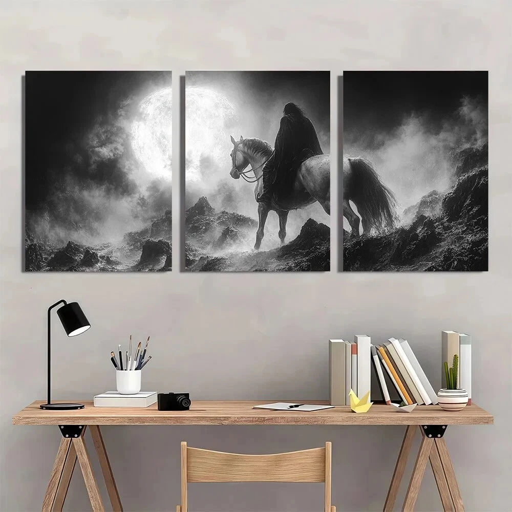 3pcs Headless Horseman & Moonlit Night Scene Metal Print Ready to Hang Art