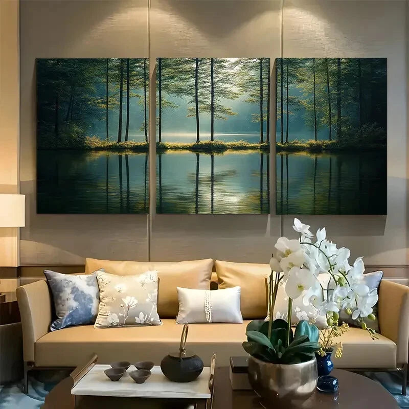 3pcs Green Trees and Pond Forest Scene Metal Print Ready to Hang Art