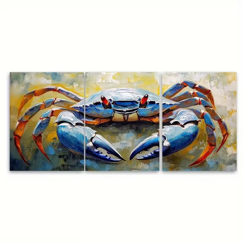 3pcs Vibrant Blue Crab Textured Coastal Nautical Metal Print Ready to Hang Art