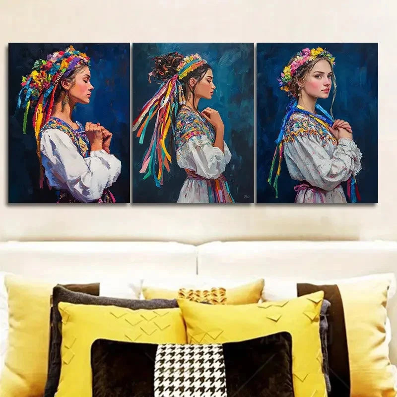 3pcs Lively Bulgarian Girl Paintings Metal Print Ready to Hang Art