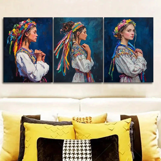 3pcs Lively Bulgarian Girl Paintings Metal Print Ready to Hang Art