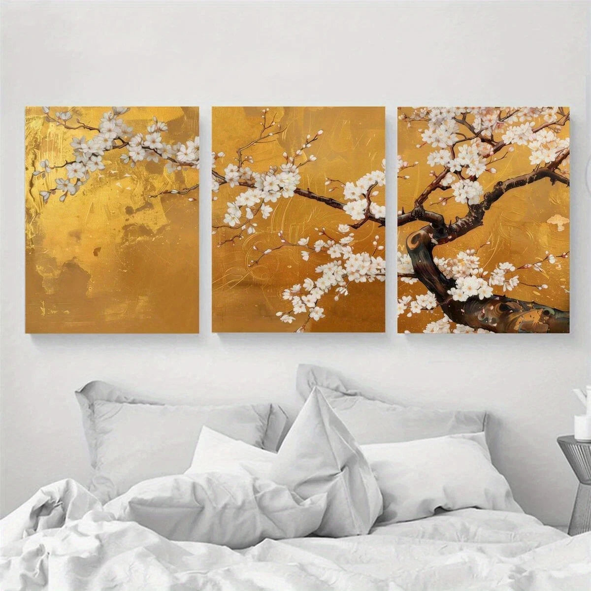 3pcs Cherry Blossoms Golden Vintage Metal Print Ready to Hang Art