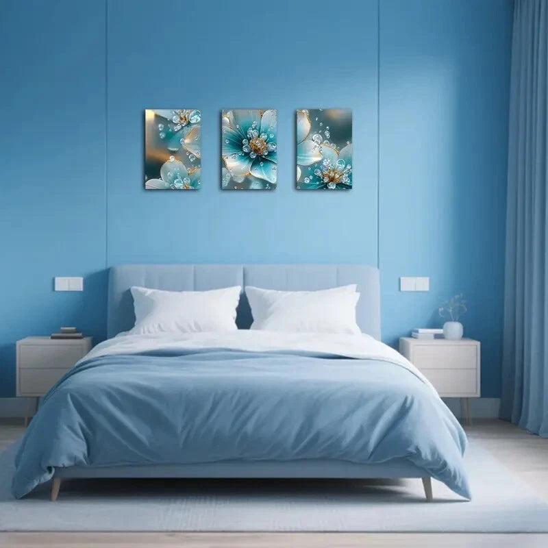 3pcs Abstract Floral Design with Blue & Golden Metal Print Ready to Hang Art