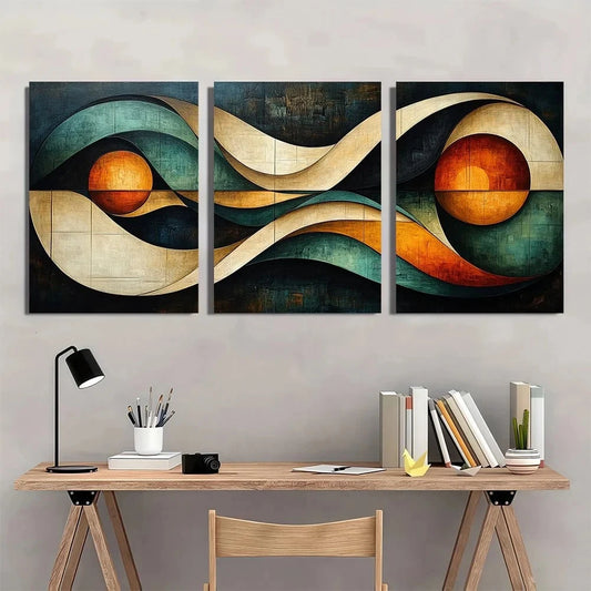 3pcs Modern Abstract Geometric Beige Metal Print Ready to Hang Art