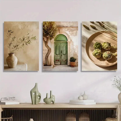 3pcs Rustic Italian Vintage Olive Tree & Vase Metal Print Ready to Hang Art