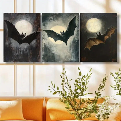 3pcs Bat Design Moonlit Sky Dark Gothic Art Metal Print Ready to Hang Art