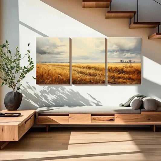 3pcs Wheat Fields & Autumn Sky Landscape Wall Art Set Canvas Framed 40x60cm - High Quality Print 100% Australian Made Wall Canvas Ready to Hang