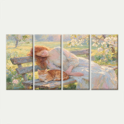 4pcs Woman and Cat Sleeping on Bench Wall Art Canvas Framed 45x80cm - High Quality Print 100% Australian Made Wall Canvas Ready to Hang