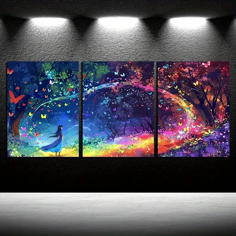 3pcs Vibrant Butterfly Girl Magical Illustration Metal Print Ready to Hang Art